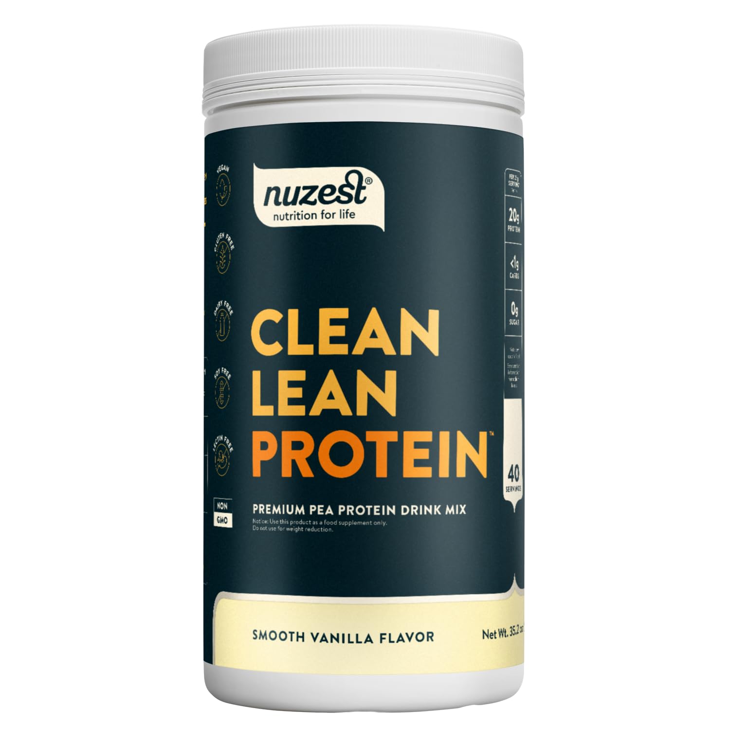 Nuzest pea protein powder canister with smooth vanilla label highlighting high protein and vegan nutrition.