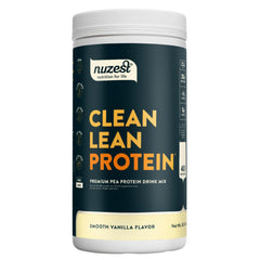 Nuzest pea protein powder canister with smooth vanilla label highlighting high protein and vegan nutrition.
