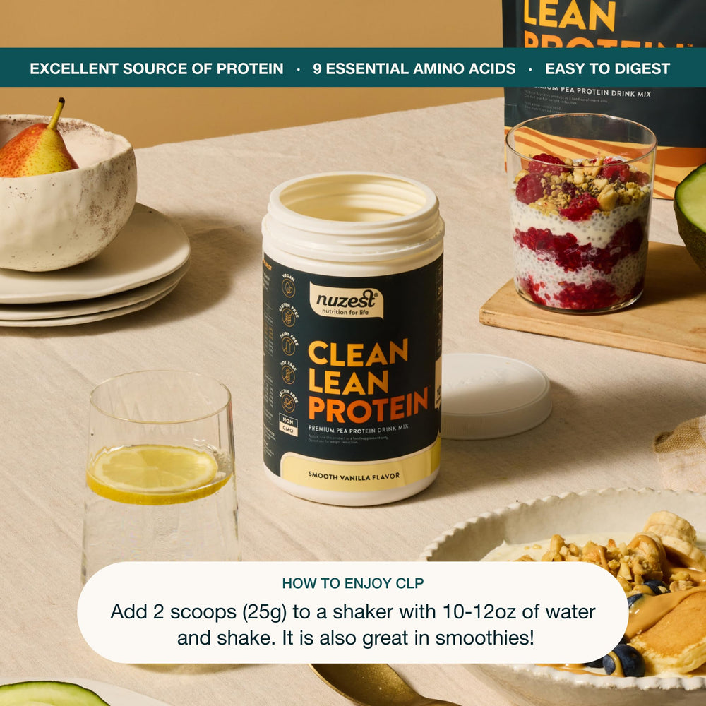 Nuzest nutrition facts panel shows up to 20g protein per serving.