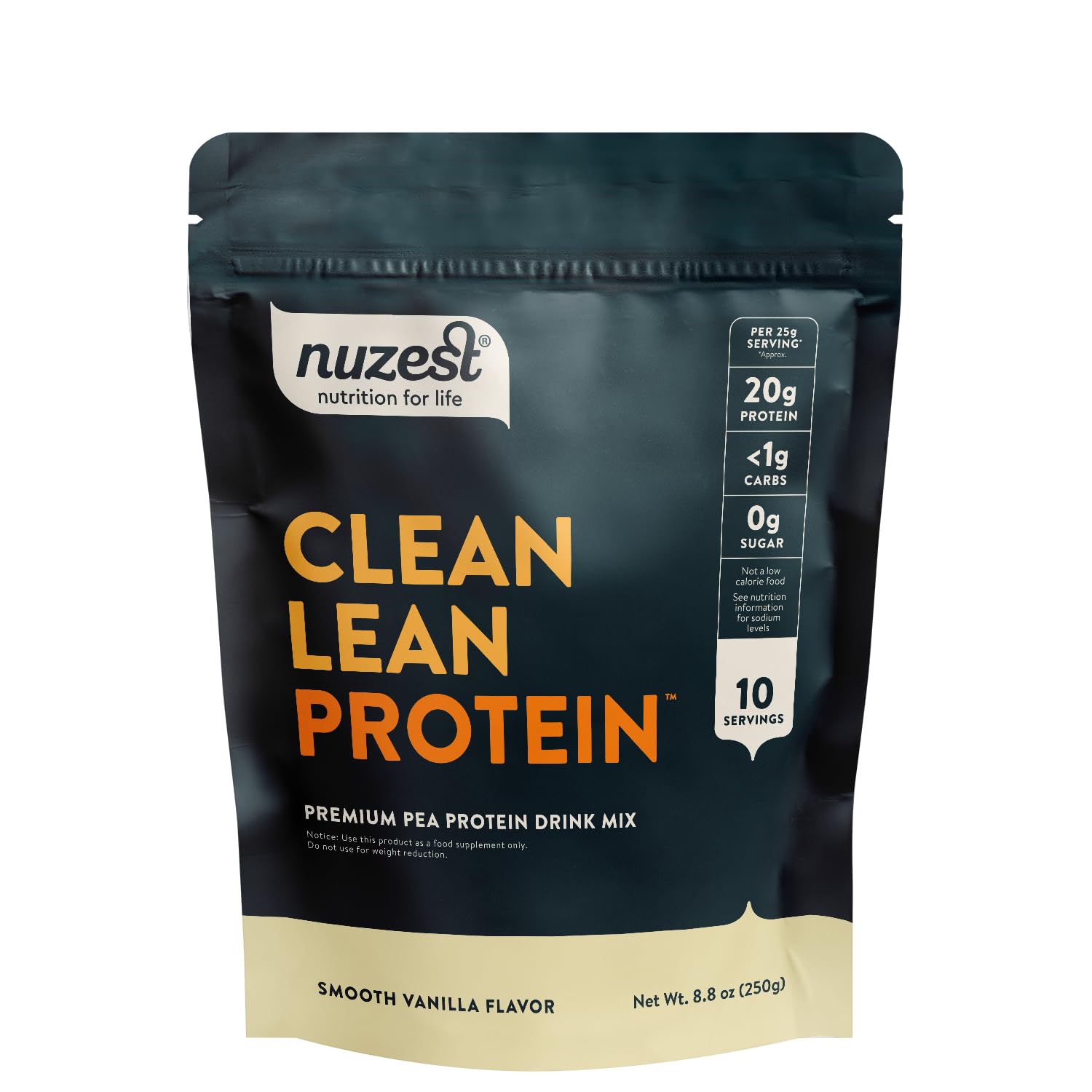 Nuzest pea protein powder jar with smooth vanilla, ideal for post-workout shakes.