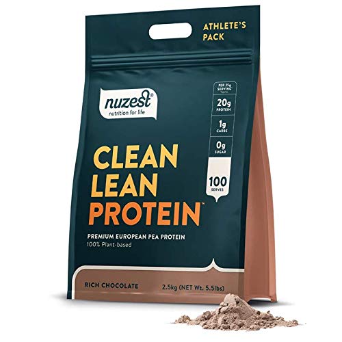 Nuzest pea protein powder tub front; vegan protein for active lifestyles.