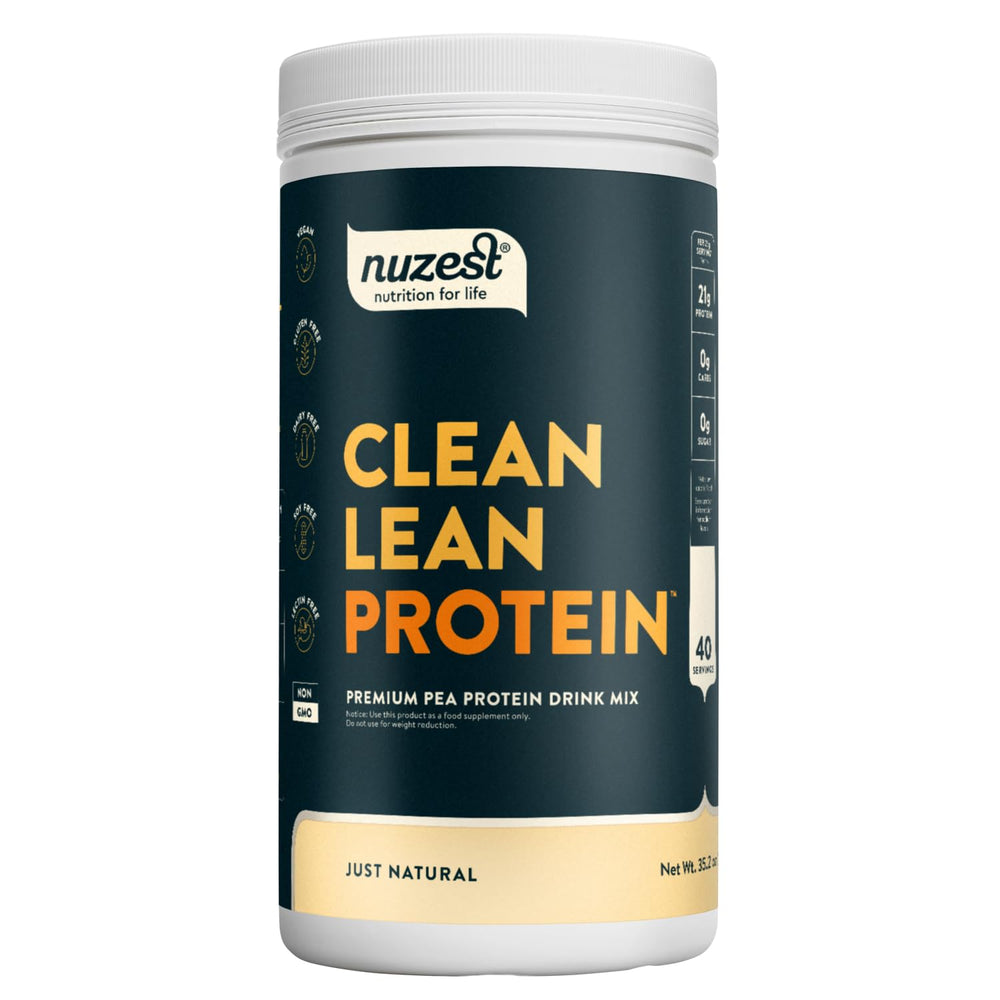 Nuzest pea protein powder unflavored container ideal for vegan shakes and smoothies.