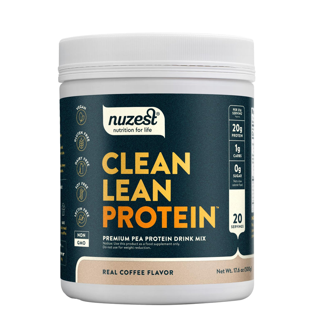 Nuzest Real Coffee pea protein bag front shows vegan allergen-free ingredients.
