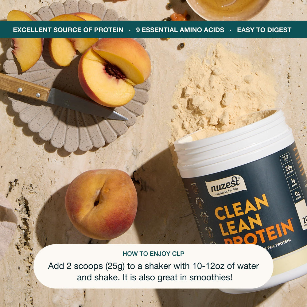 Nuzest Real Coffee closeup showing 20 g protein per serving.