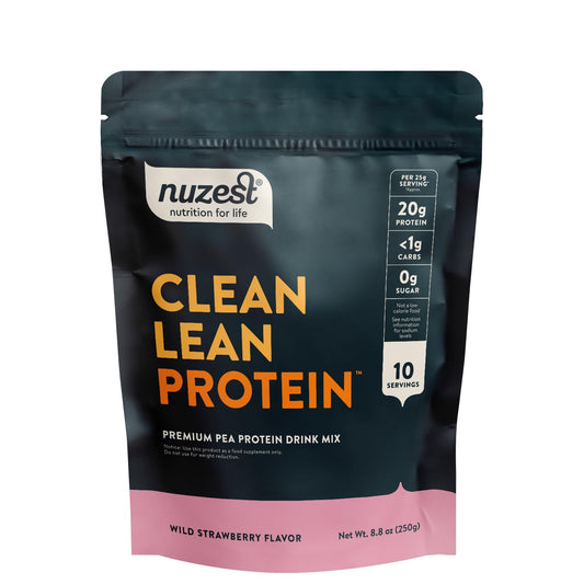 Nuzest pea protein powder Wild Strawberry tub, high-protein vegan shake ingredient.