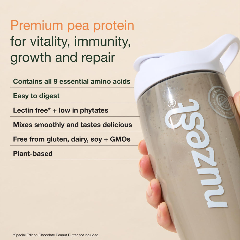 Nuzest plant protein shaker; easy to mix into smoothies.