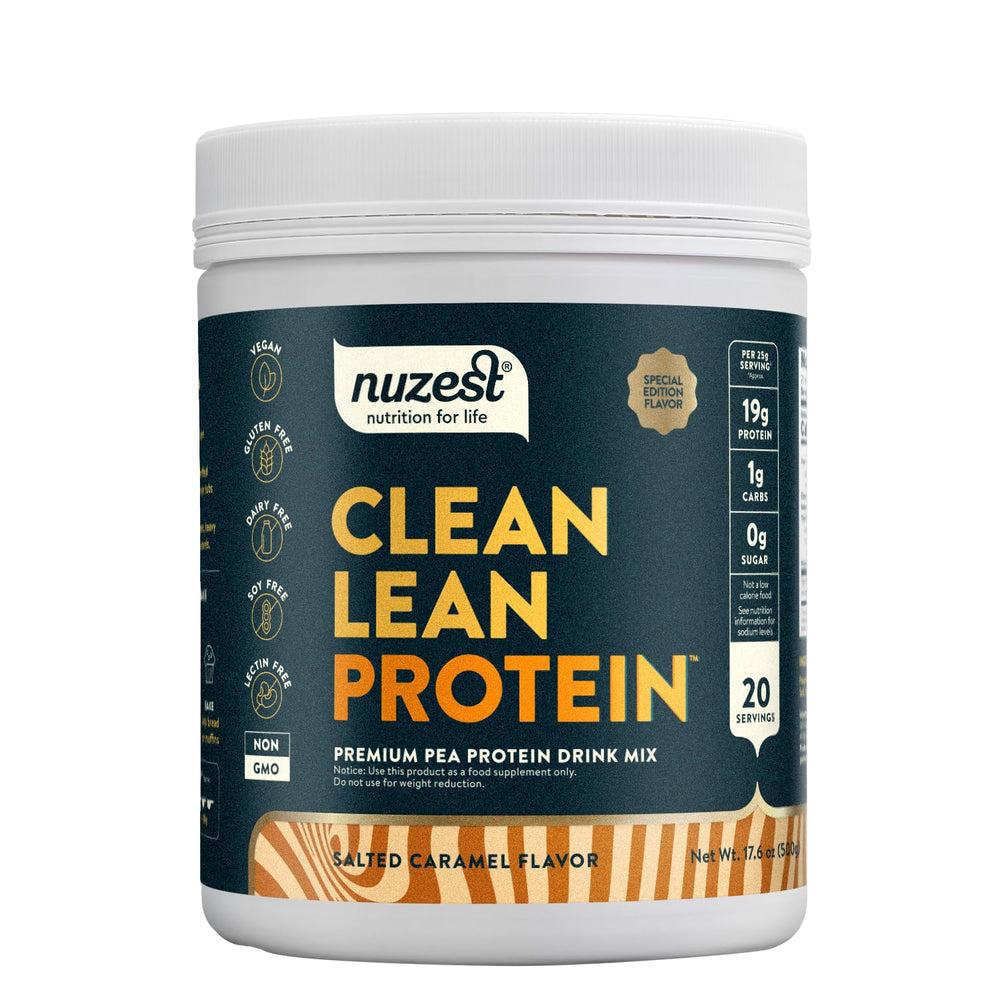 Nuzest salted caramel pea protein powder tub front for post-workout fuel