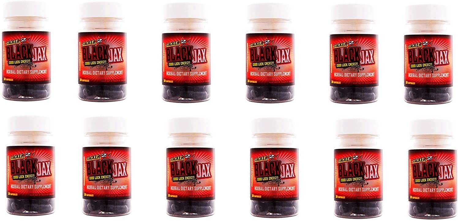NVE Black Jax Stacker 2 case bottle image showing 12 bottles of 20-count pills for quick energy