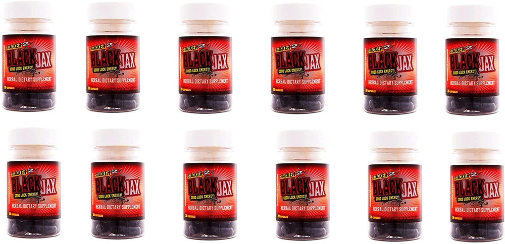 NVE Black Jax Stacker 2 case bottle image showing 12 bottles of 20-count pills for quick energy