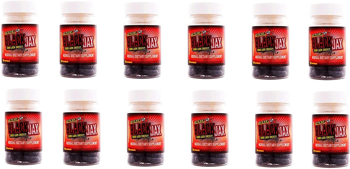 NVE Black Jax Stacker 2 case bottle image showing 12 bottles of 20-count pills for quick energy