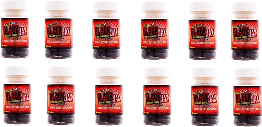 NVE Black Jax Stacker 2 case bottle image showing 12 bottles of 20-count pills for quick energy