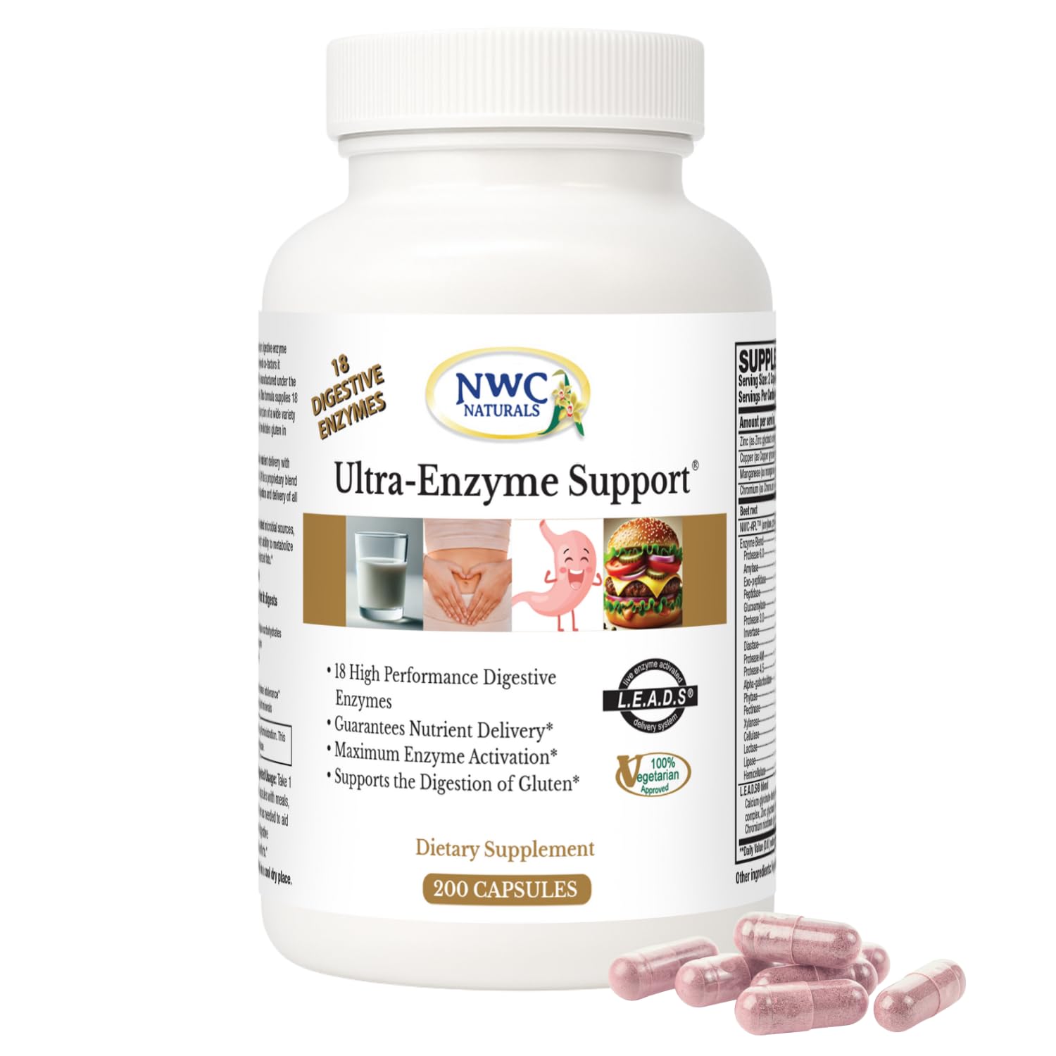 NWC Naturals Ultra-Enzyme Support bottle front, a versatile digestive aid for daily meals
