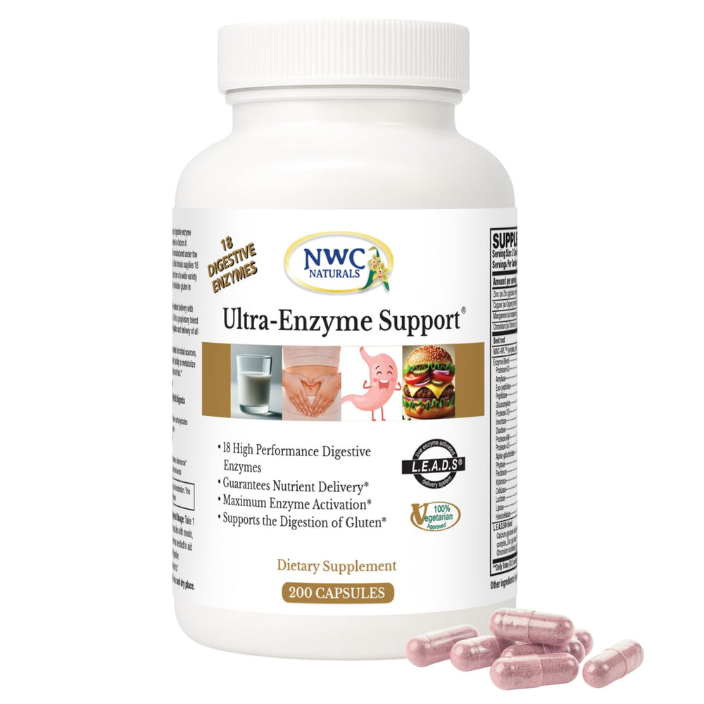 NWC Naturals Ultra-Enzyme Support bottle front, a versatile digestive aid for daily meals