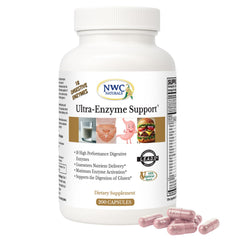 NWC Naturals Ultra-Enzyme Support bottle front, a versatile digestive aid for daily meals