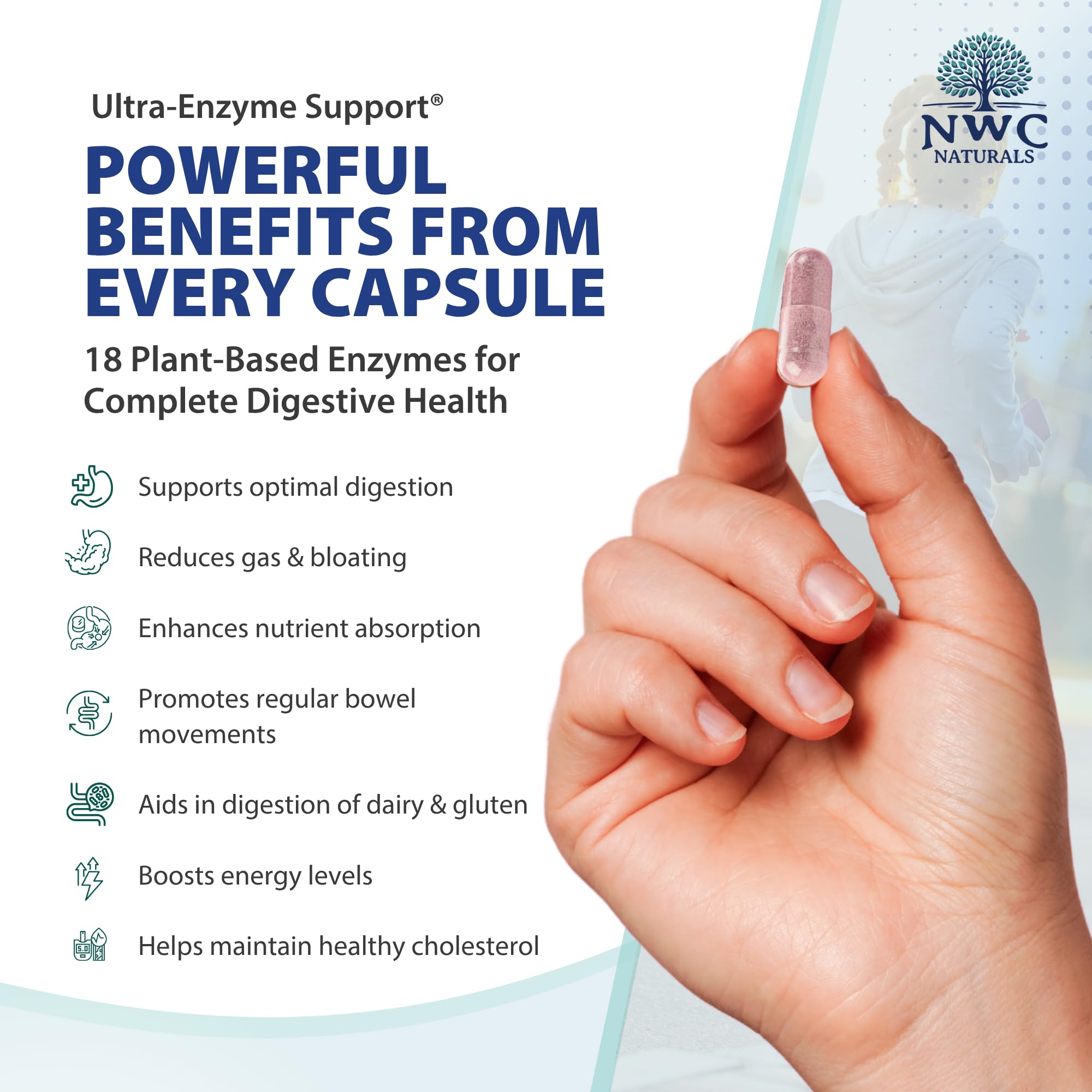 Ultra-Enzyme Support capsules closeup showing vegetarian enzyme capsules