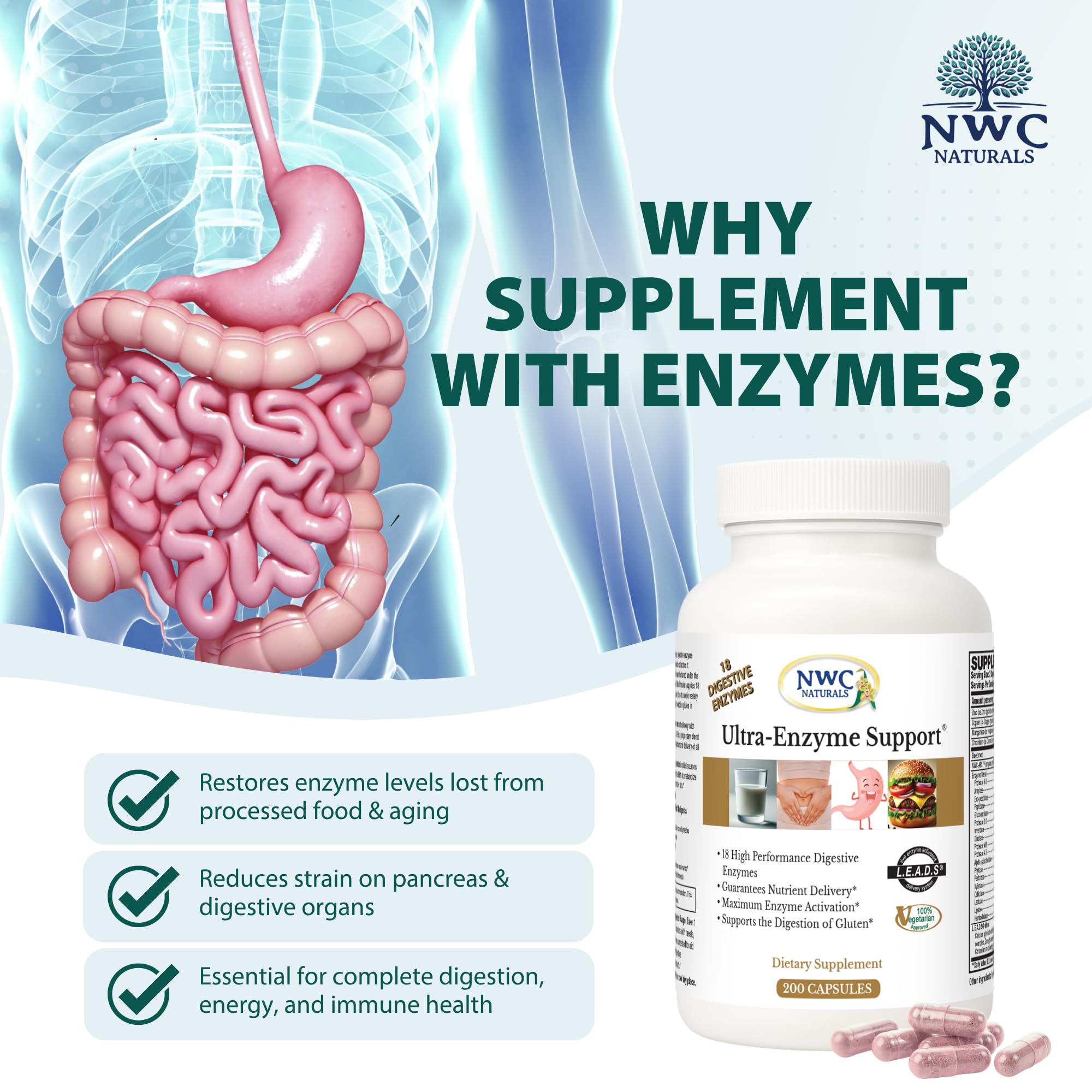 NWC Naturals Ultra-Enzyme Support label closeup highlighting the enzyme blend