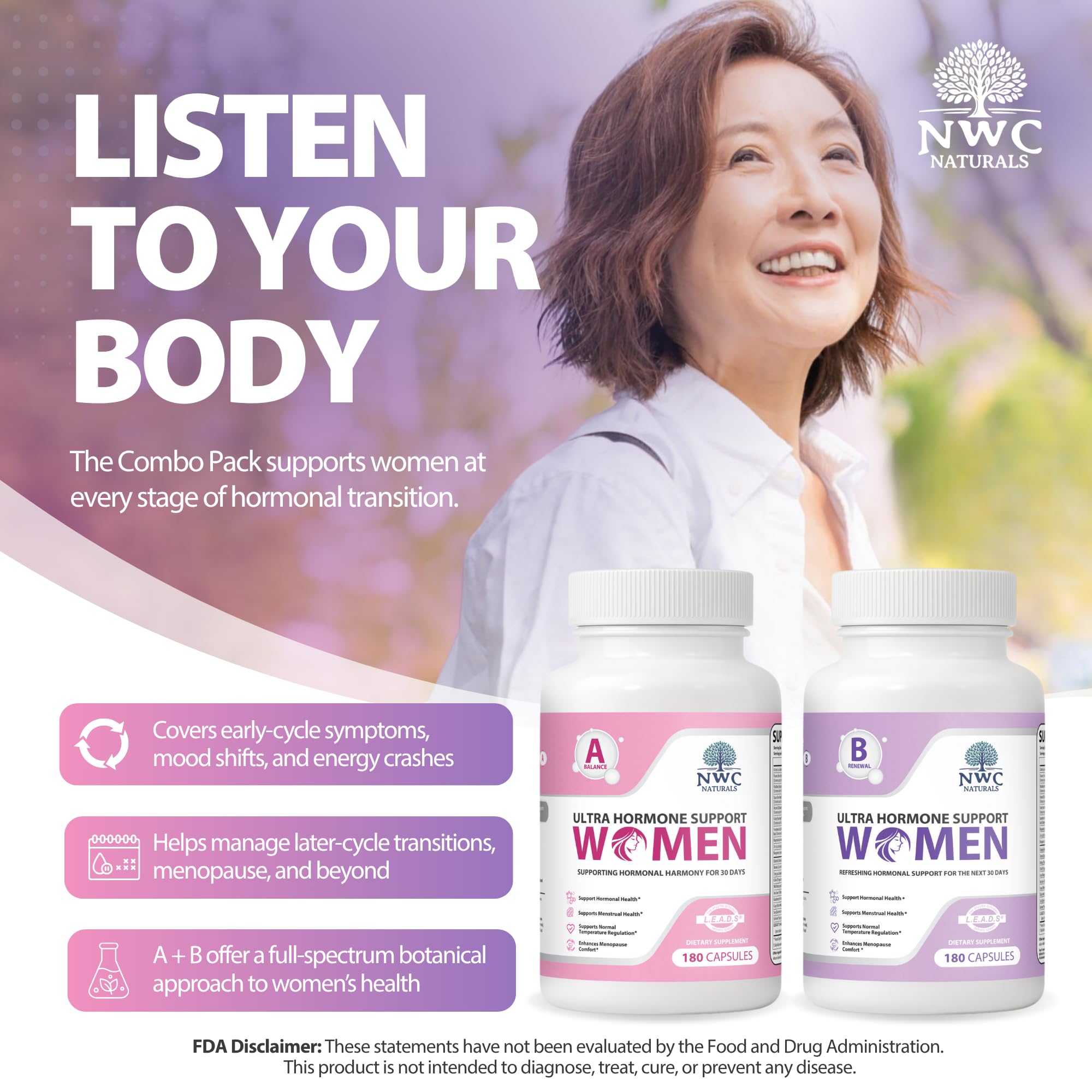 NWC Naturals Ultra-Hormone Support Combo bottle back shows ingredients and usage details