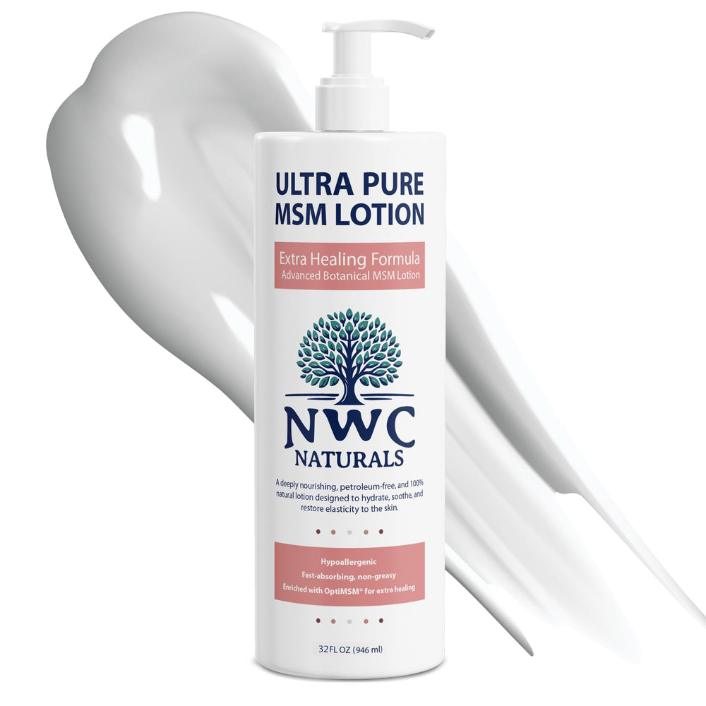 NWC Naturals Ultra-Pure MSM Lotion bottle showing natural hydration for daily care.