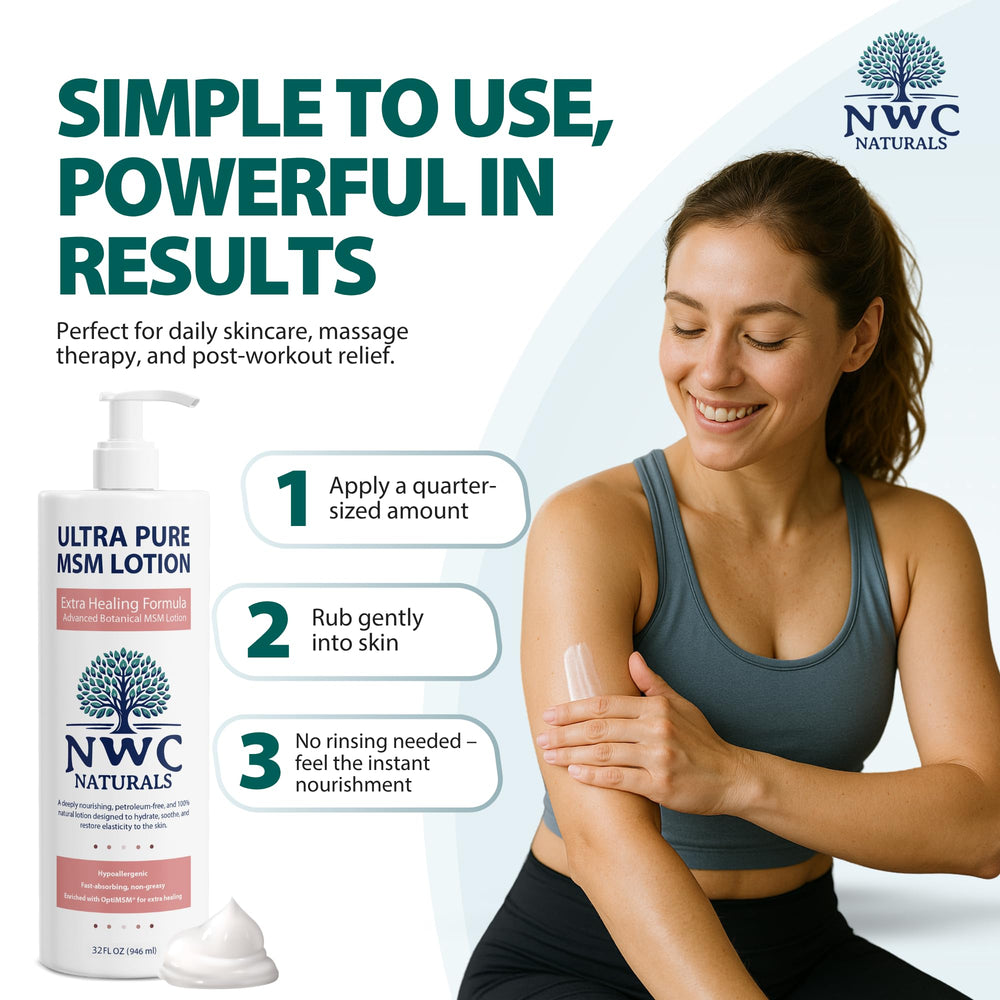 NWC Naturals MSM Lotion with vitamins softens and revitalizes the skin.