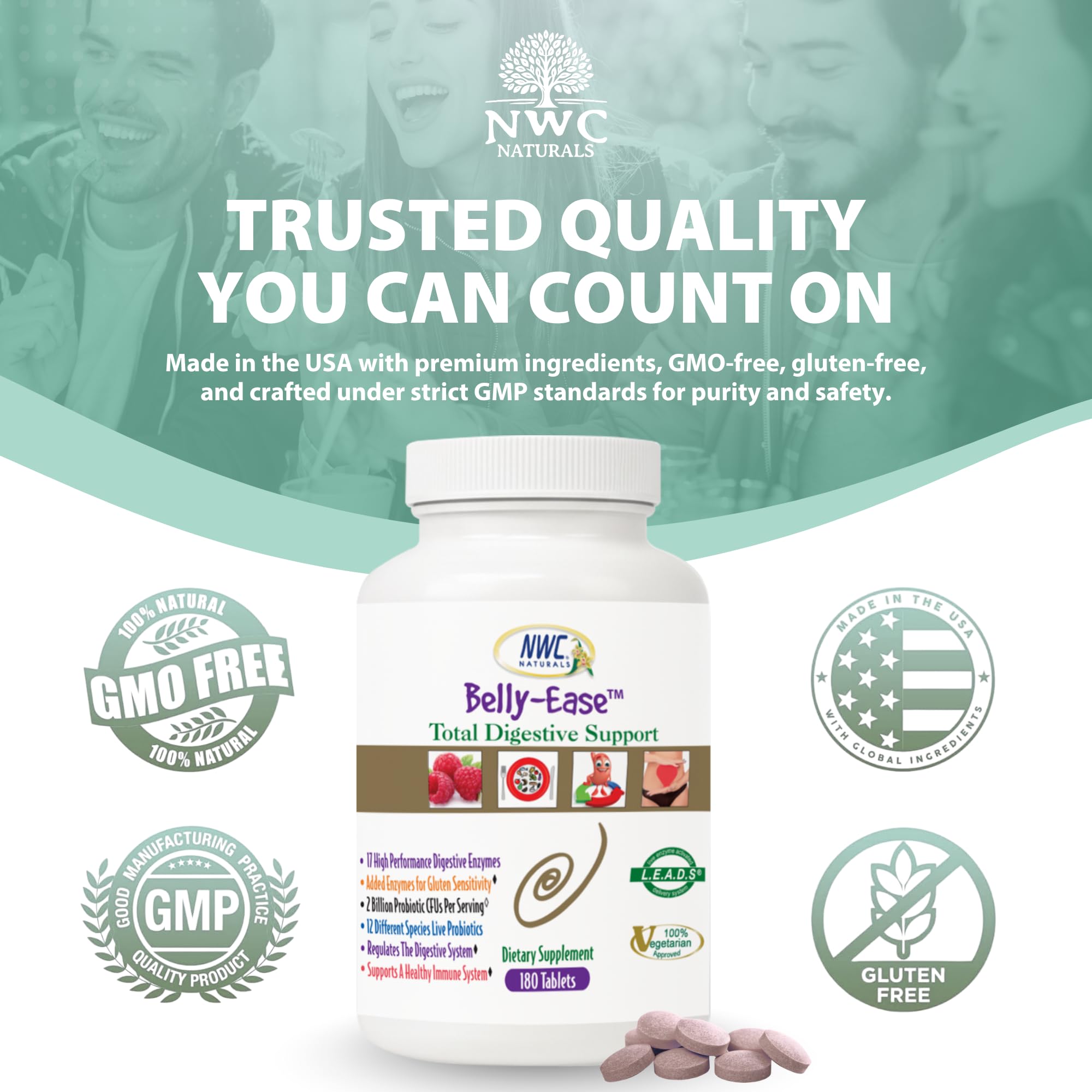 NWC Naturals Belly-Ease daily-use chewables in a routine setting.
