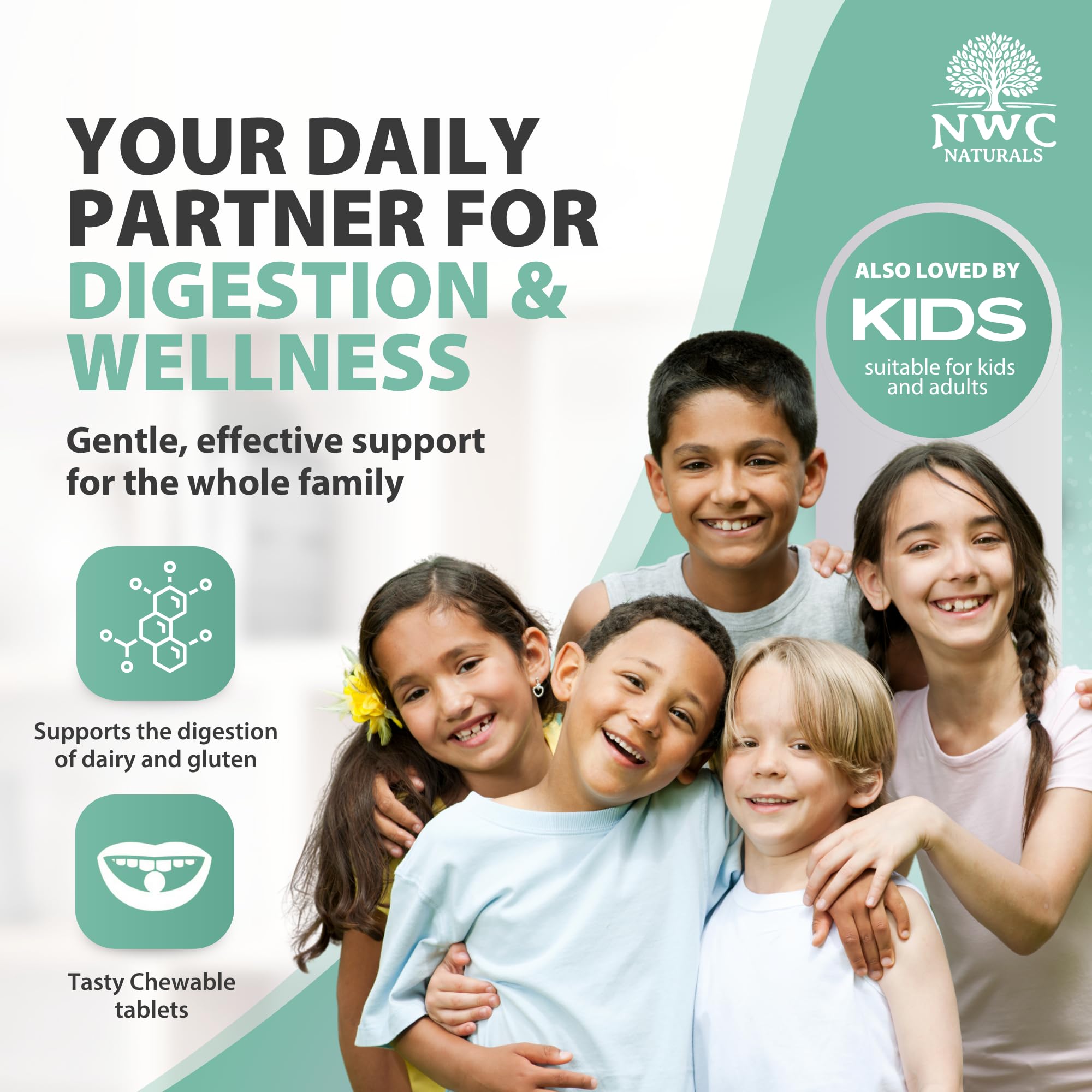 NWC Naturals Belly-Ease fruit-flavored chewable flavor shot for kid-friendly taste.