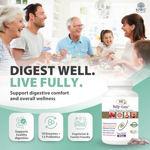 NWC Naturals Belly-Ease supplement facts panel highlights enzymes and probiotics for gut health.