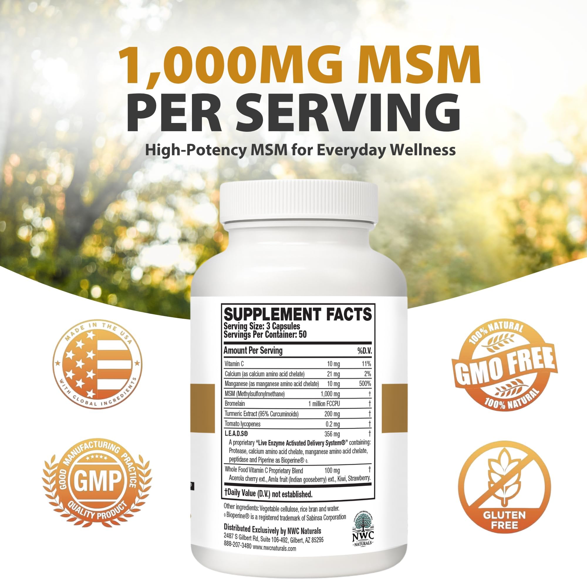 NWC Naturals MSM Gold capsules arranged to show convenient daily dose for digestion.