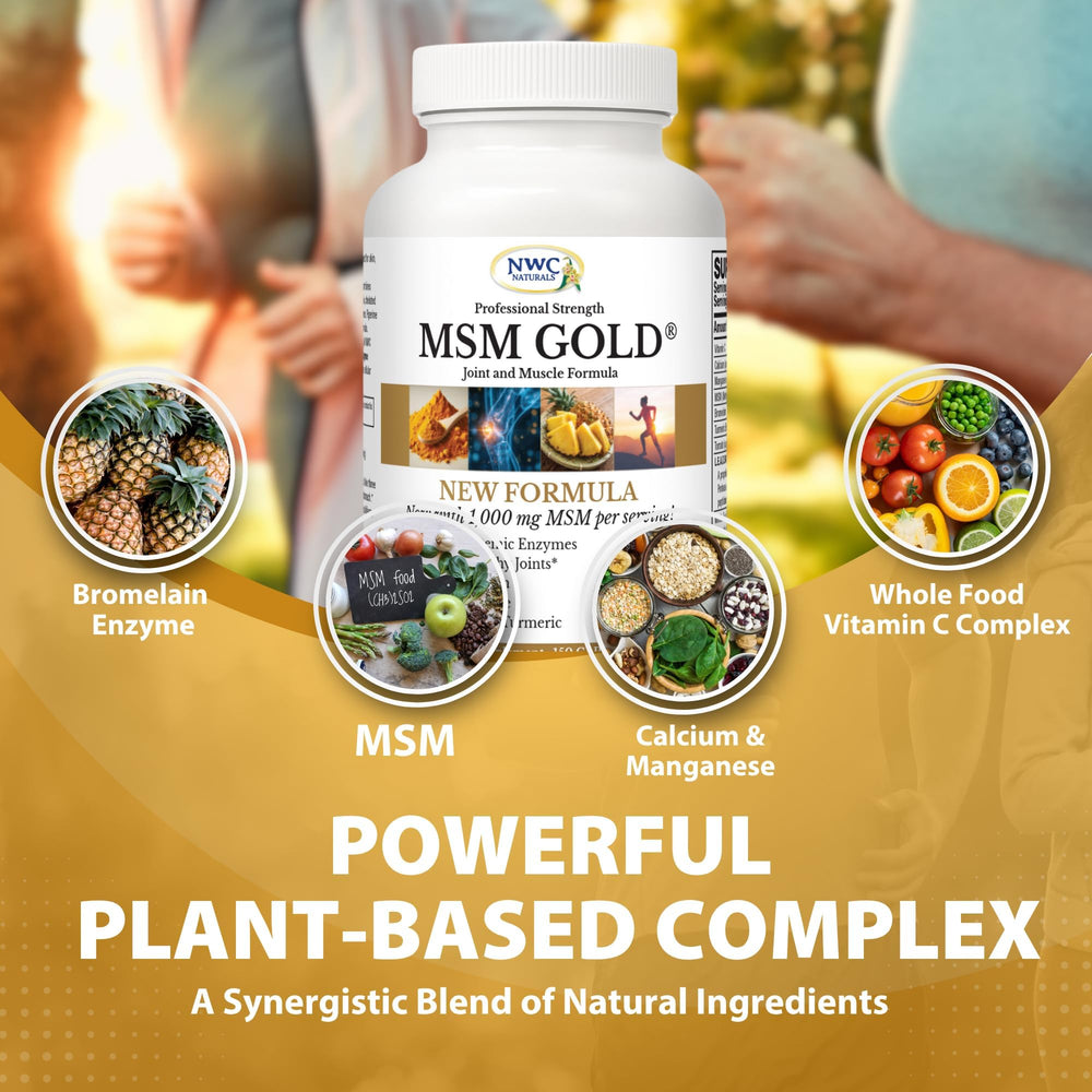 NWC Naturals MSM Gold MSM featuring sulfur compound close-up for metabolic balance.