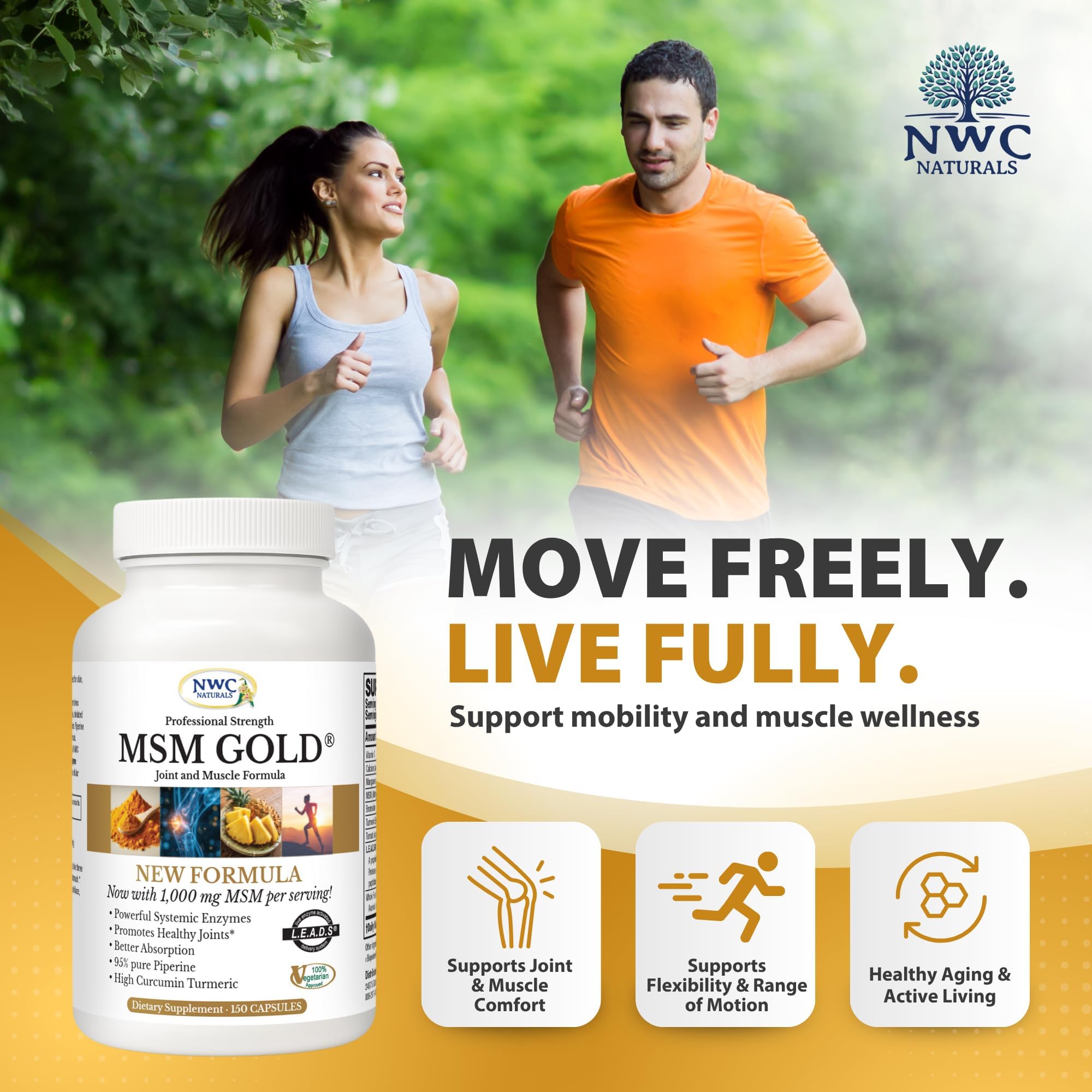 NWC Naturals MSM Gold label close-up emphasizing natural enzymes and antioxidant support.