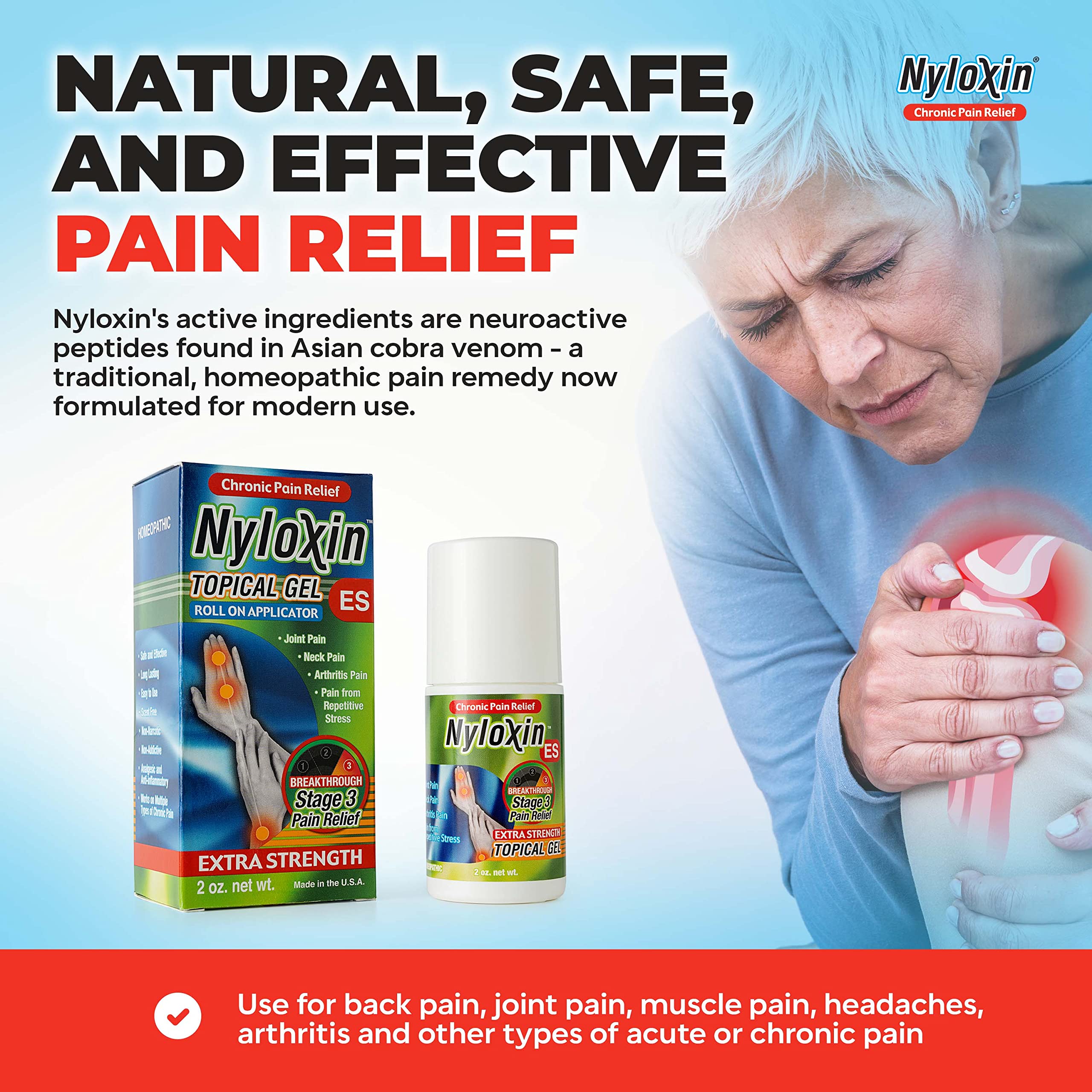 Nyloxin back pain relief gel soothes tired, strained areas