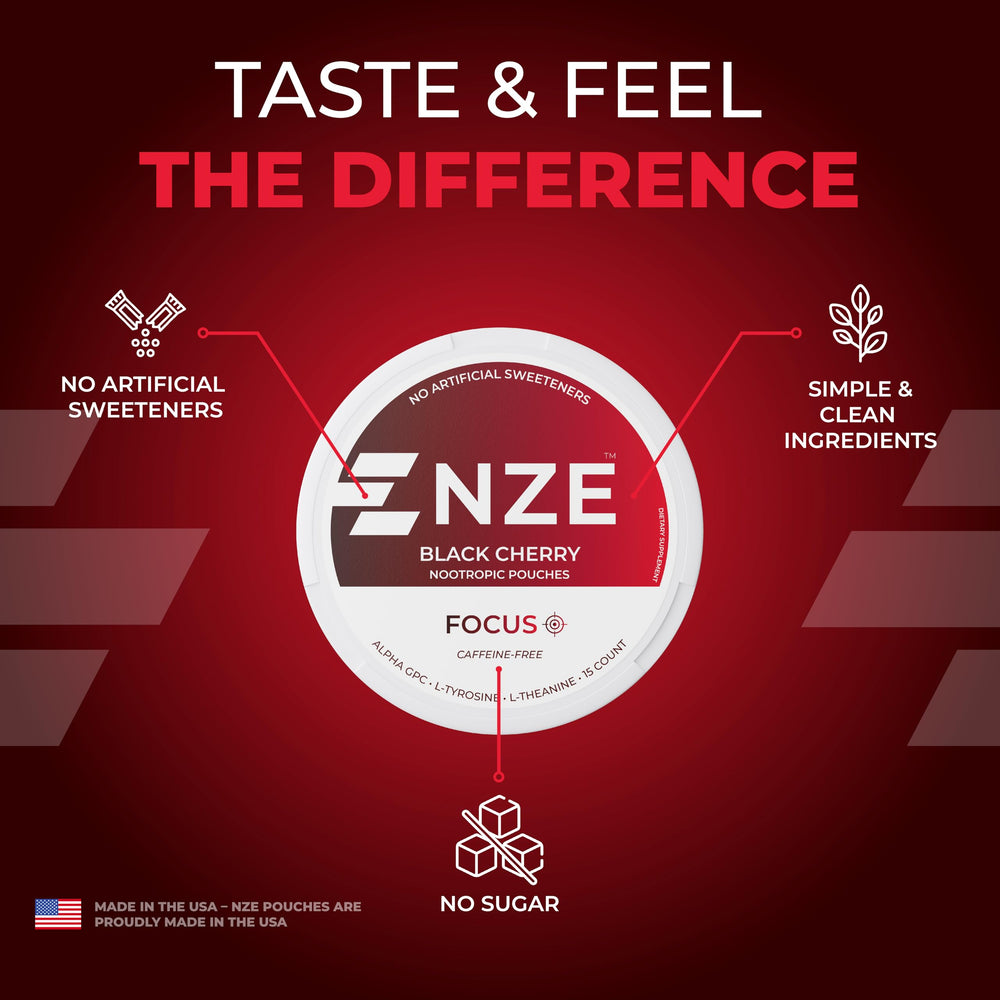 NZE ingredients panel highlights Alpha GPC, L-Tyrosine and L-Theanine for focus