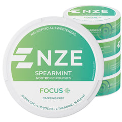 NZE spearmint caffeine-free pouch front view for focused moments.
