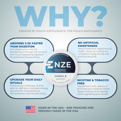 NZE Caffeine Nootropic pouch showing 50mg caffeine label for energy boosts.