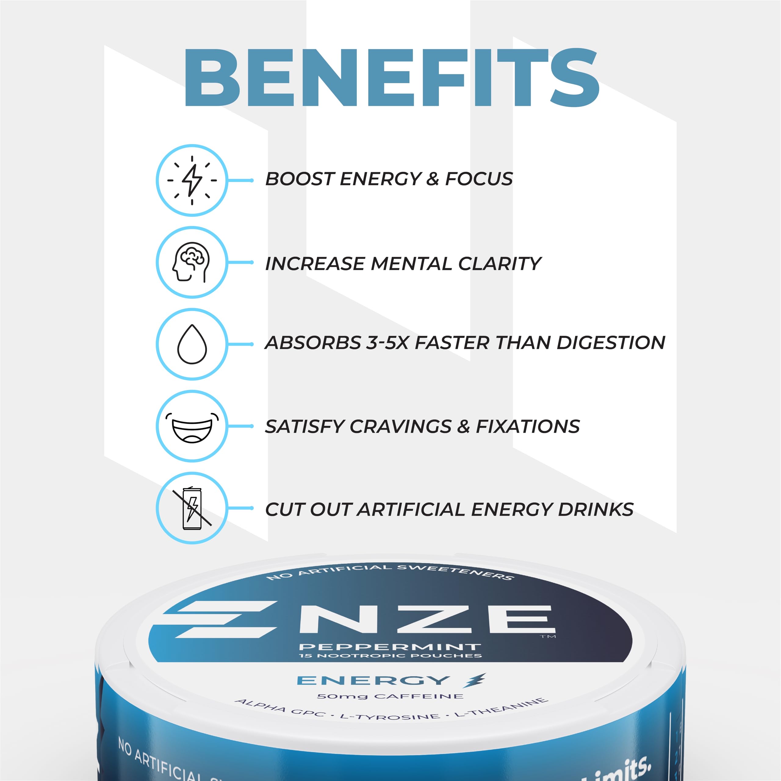 NZE Peppermint pouch ingredients panel emphasizes natural sweeteners for sugar-free energy.