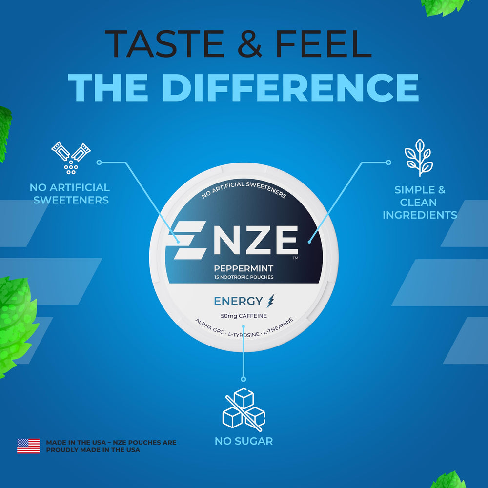 NZE Peppermint pouch packaging and branding visible for on-the-go use.