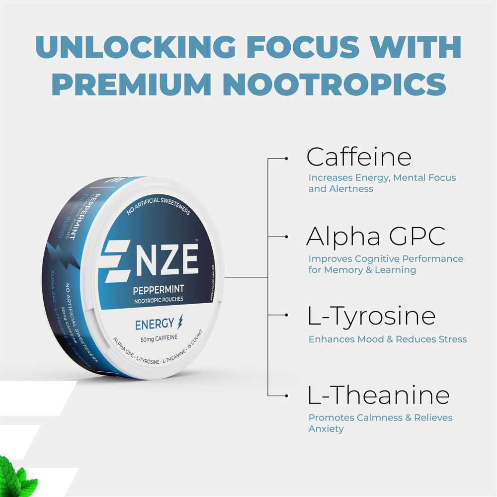 NZE Caffeine Nootropic Pouches used between gum and cheek for steady release