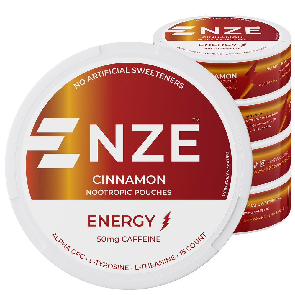 NZE Caffeine Nootropic Pouches Cinnamon can front, for a quick energy lift without sugar