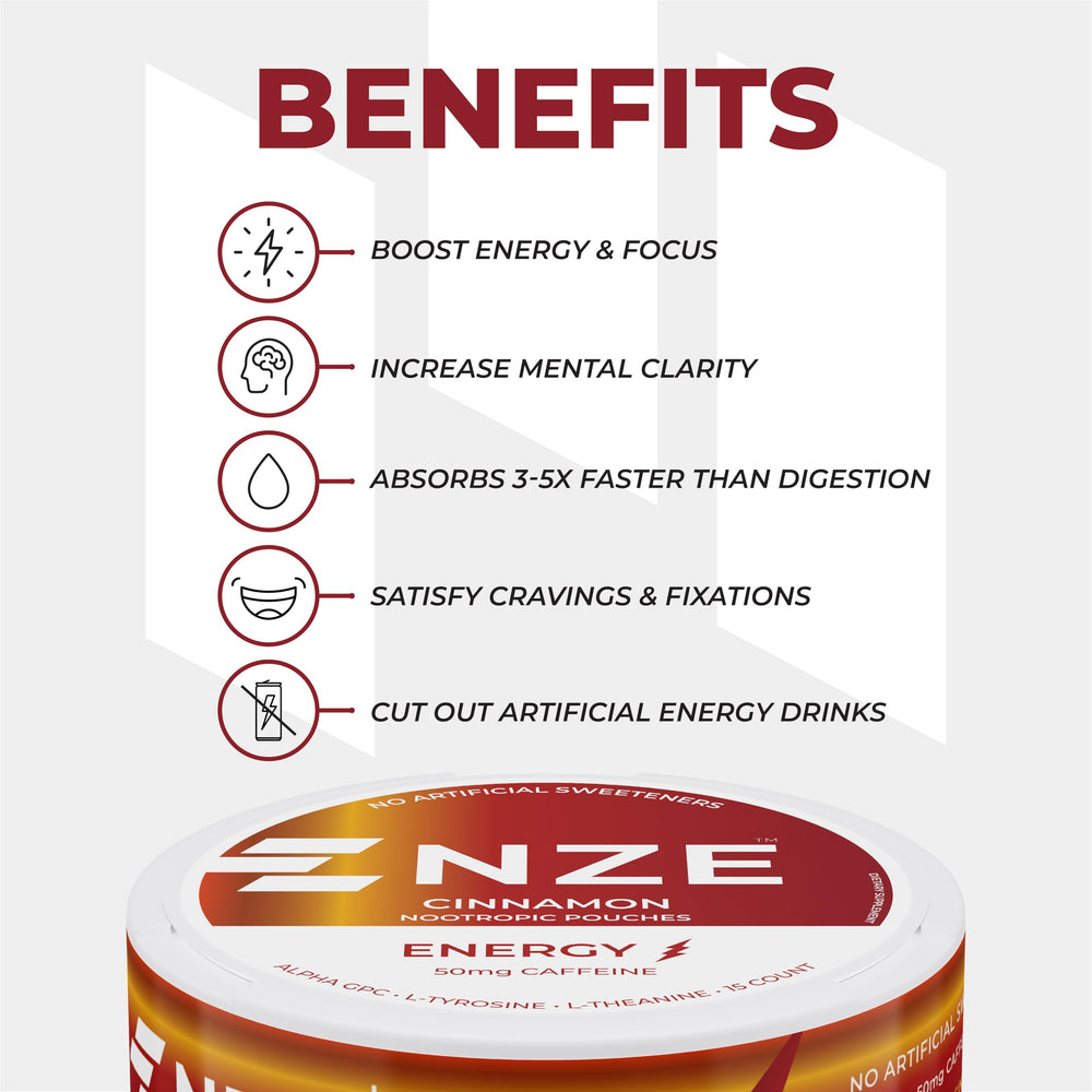 NZE Caffeine Nootropic Pouches Cinnamon label highlights Alpha GPC and L-Tyrosine
