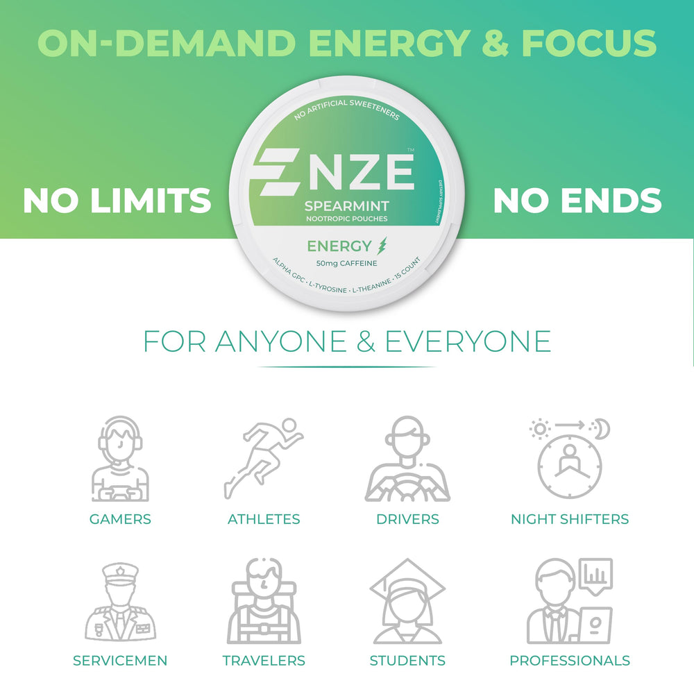 NZE Caffeine Nootropic Pouches front 5-pack showcases convenient energy.