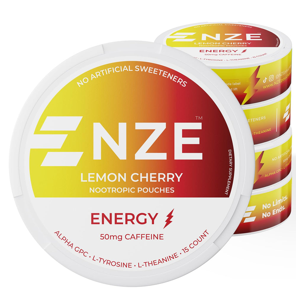 NZE Caffeine Nootropic Pouches Lemon Cherry can ready for on the go energy