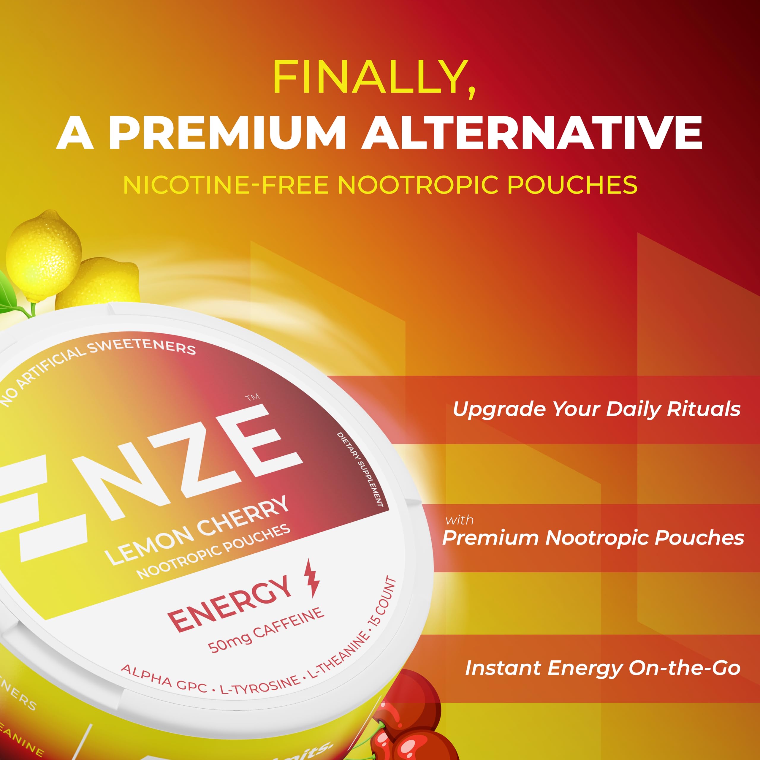NZE Caffeine Nootropic Pouches Lemon Cherry close up for portable energy boost