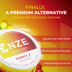 NZE Caffeine Nootropic Pouches Lemon Cherry close up for portable energy boost