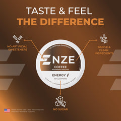 Natural sweetener icons beside NZE Caffeine Nootropic Pouches.