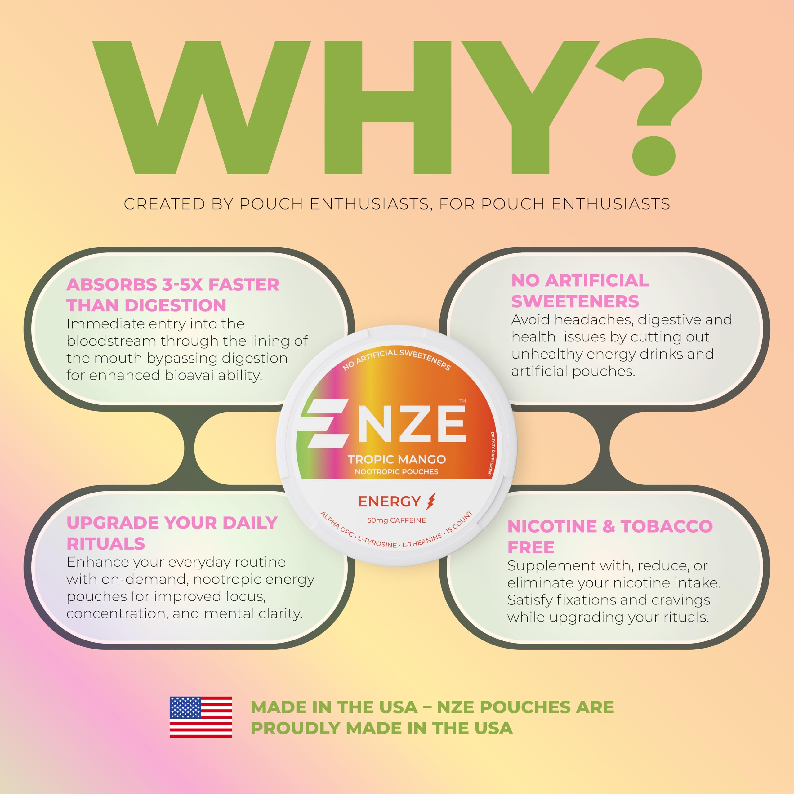 NZE Caffeine Nootropic Pouches are sugar-free and artificial-sweetener-free