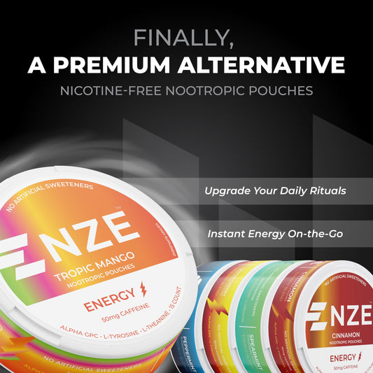 NZE Caffeine Nootropic Pouches pack open showing quick-access pouches