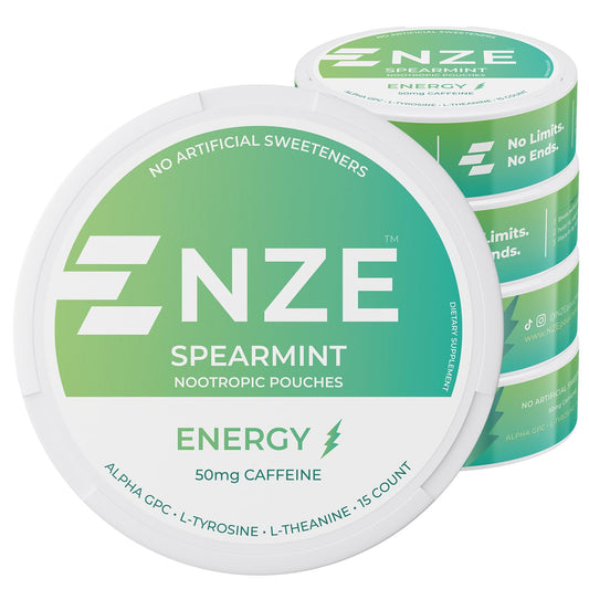 NZE Caffeine Nootropic Pouches Spearmint can close-up for quick energy and focus.