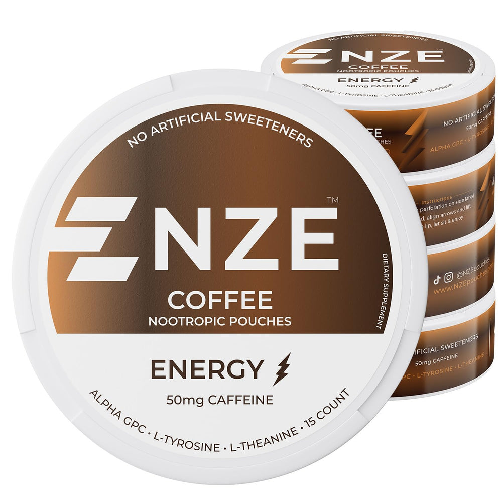 NZE Caffeine Nootropic Pouches can with Strawberry Kiwi flavor for quick energy.