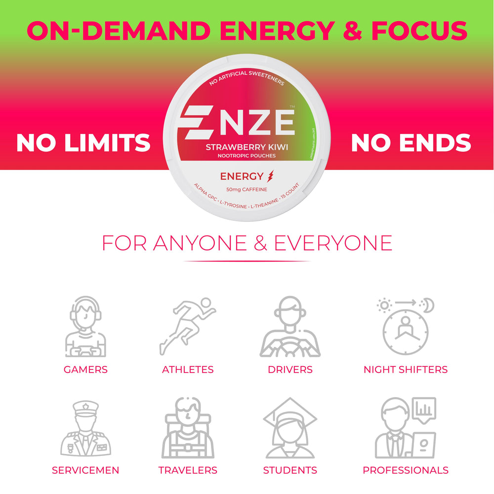 NZE Caffeine Nootropic Pouches flavor-swatches show Strawberry Kiwi taste profile.