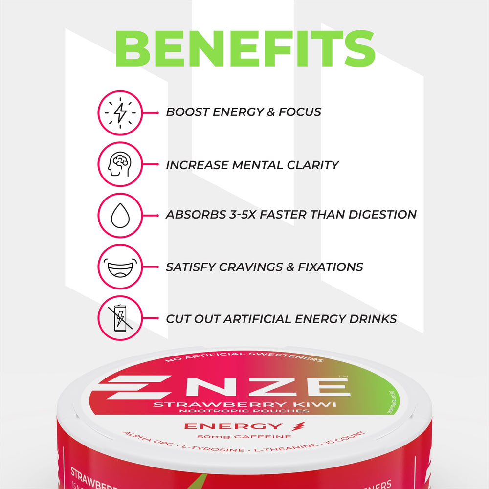 NZE Caffeine Nootropic Pouches ingredients-label notes natural sweeteners and no artificial additives.