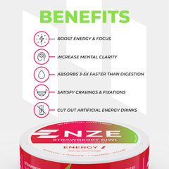 NZE Caffeine Nootropic Pouches ingredients-label notes natural sweeteners and no artificial additives.